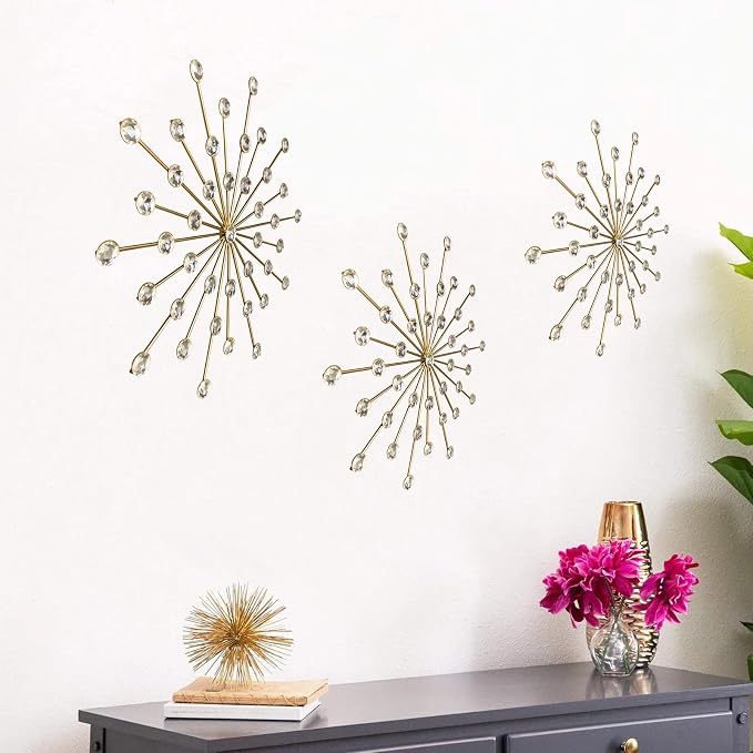 ZEXUIRU 3 Set Gold Starburst Wall Art for Home Decor Metal Bling Crystal Rhinestones Sunburst Wall Decor Sparkling Rhinestone Art Accent Gold - 13in