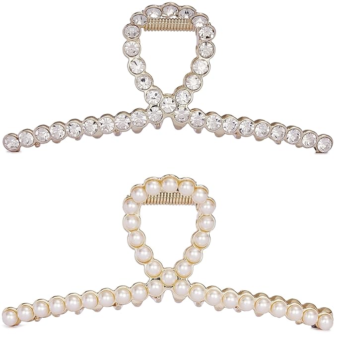 Rhinestone Hair Claw Clips, Textention Large Size Imitation Pearl Claw Jaw Clips for Women Thick Thin Hair Elegant Crystal Clasps Clamps Accessories Headwear Styling Tools for Party Wedding (2 Pack)