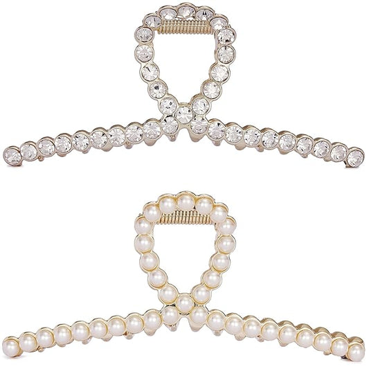 Rhinestone Hair Claw Clips, Textention Large Size Imitation Pearl Claw Jaw Clips for Women Thick Thin Hair Elegant Crystal Clasps Clamps Accessories Headwear Styling Tools for Party Wedding (2 Pack)