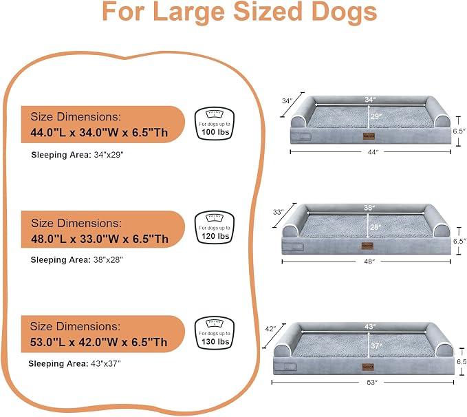 Orthopedic Dog Bed for Jumbo Dogs, 48 x 33 Inch, Light Grey | Egg crate foam for joint support, 3-sided bolster pet sofa, waterproof lining, washable cover, and non-skid base