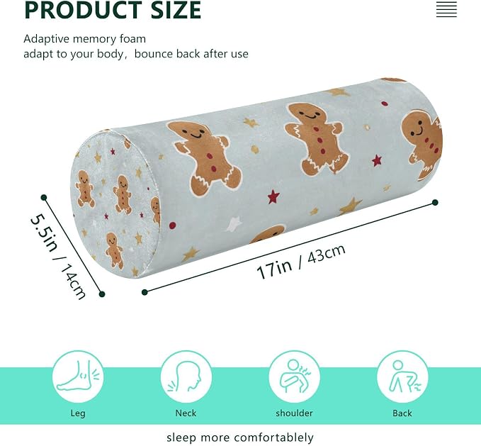 Green Christmas Gingerbread and Stars Neck Roll Pillow Bolster Round Health Memory Foam Long Cervical Cylinder Pillows with Removable Washable Cover for Body Bed Legs Back Yoga