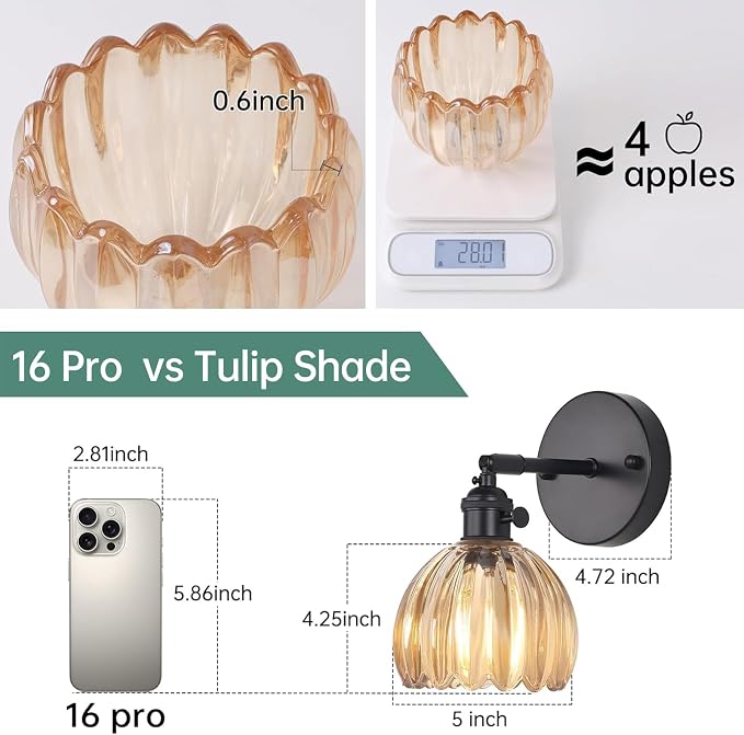 Shenmoyl Vintage Wall Sconce with Amber Tulip Glass Lampshade 180 Degree Adjustable Black Sconce Hradwired Modern Wall Lighting Fixture with Switch for Bedside Bedroom Doorway
