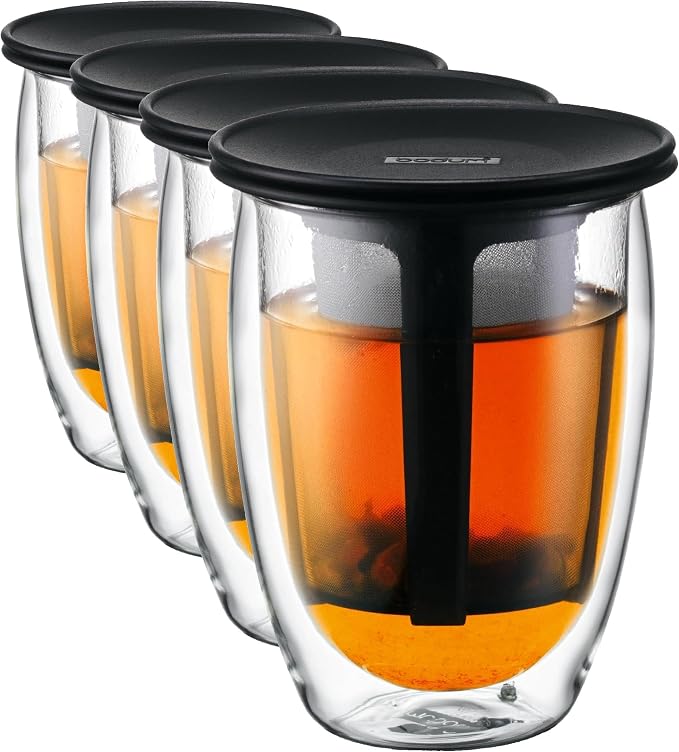 Bodum 12oz Tea Strainer w/Lid, Double Wall, High-Heat Borosilicate Glass, Black (Pack of 4)