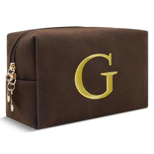 Personalized Initial Makeup Bag,Preppy Suede Cosmetic Bag for Teen Girls,Small Monogram Travel Toiletry Bag With Gold Embroidered Letter,Trendy Stuff Custom Christmas Gift for Women(Coffee-G)