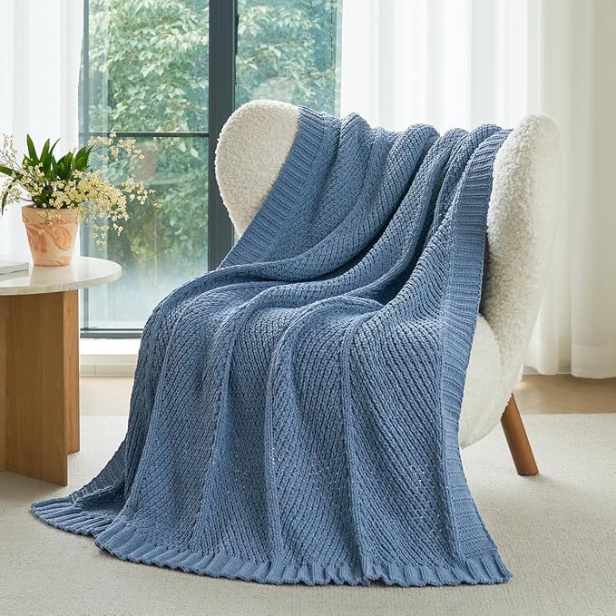 Knit Throw Blanket, Soft Chenille Cozy Breathable Chevron Chunky Decorative Blanket for Couch, Bed & Sofa, French-Inspired Lightweight Warm Gift for Women, Washed Blue, 50"x60"