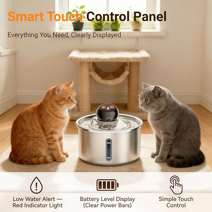 Cordless Cat Water Fountain, 3L Stainless Steel Quiet Pet Water Fountain | 5000mAh Rechargeable Battery, 101oz Large Capacity, 3 Flow Options, 4 Replacement Filters, Cats & Small Dogs