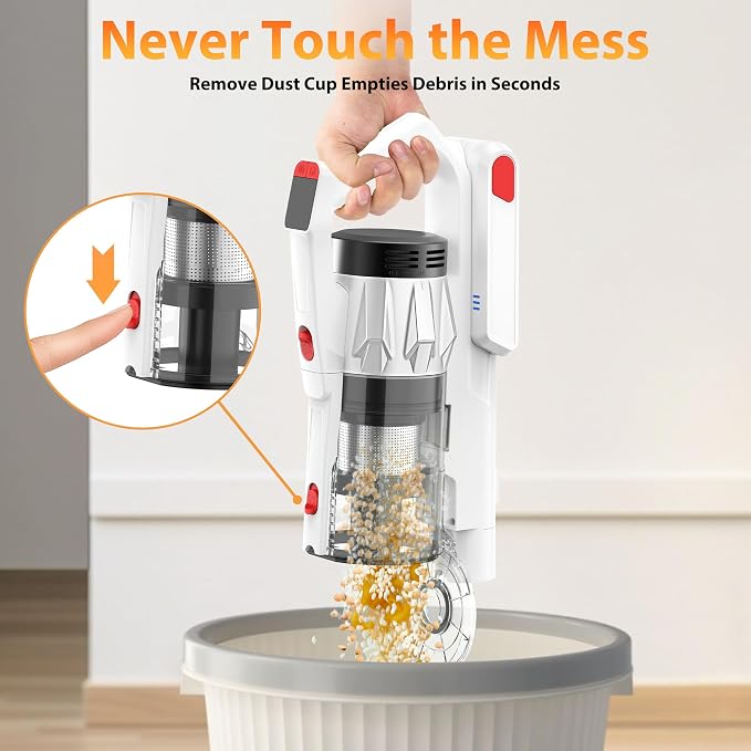 Tikom V750 Cordless Vacuum Cleaner for Home, 45000Pa/500W Stick Vacuum with LED Display, Charging Wall Dock, Anti-Tangle, Lightweight Handheld Vacuum for Pet Hair, Hard Floor, Carpet, White