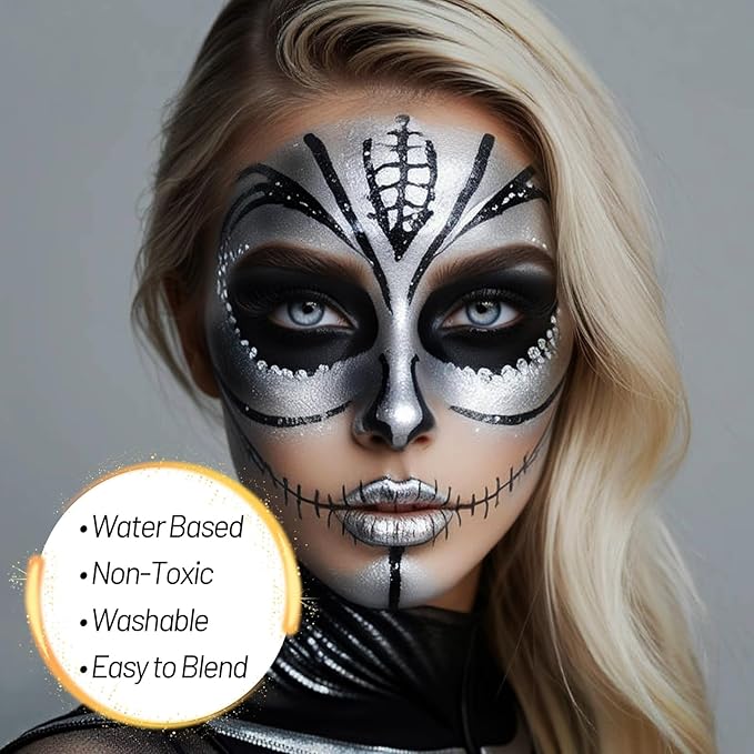 Silver Water Based Face Body Paint, 2.37 OZ Large Tube Full Coverage Face Paint for Skull Goth Cosplay, Washable Metallic Silver Body Painting Cream for Adult Carnival Halloween SFX Makeup