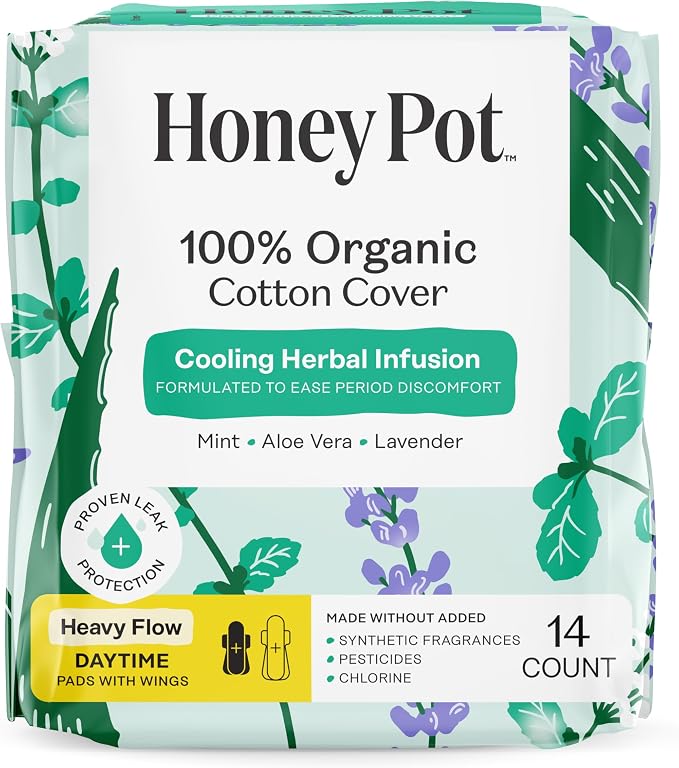 The Honey Pot Company - Herbal Sanitary Pads for Women - Heavy Flow w/Wings - Infused w/Essential Oils for Cooling Effect & Organic Cotton Cover - Feminine Care - 14 ct