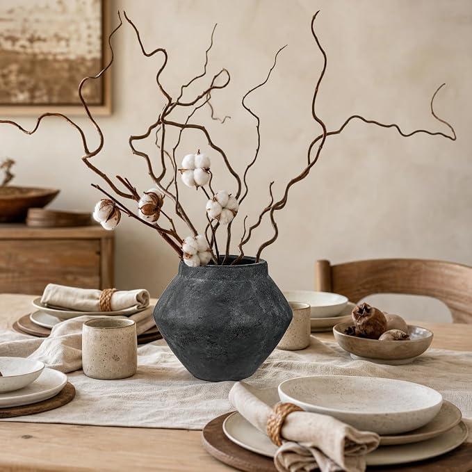 Briful Rustic Ceramic Vase 6'' Decorative Charcoal Farmhouse Table Vase | Weathered Dark Clay Vintage Urn Pottery for Shelf Decor, Entryway Console, Coffee Table Centerpiece, Faux Floral, Modern Room