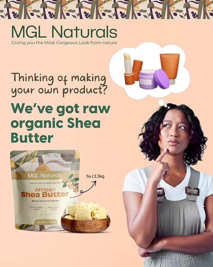 MGL Naturals Raw African Shea Butter Ivory 5 lb, 100% Pure and Unrefined. Nourish and moisturize skin and hair. Use alone or DIY recipes. From Ghana, West Africa. (5 lb)