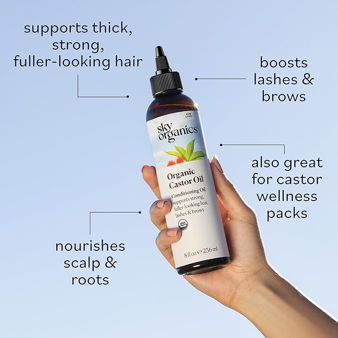 Sky Organics - Castor Oil Organic - Volumizing Hair Oil - Scalp, Lashes, Brows - Pure Castor Oil Cold Pressed - Natural Conditioner - Omega Fatty Acids, Vegan - Beauty, Hair Care, & Self Care - 8oz