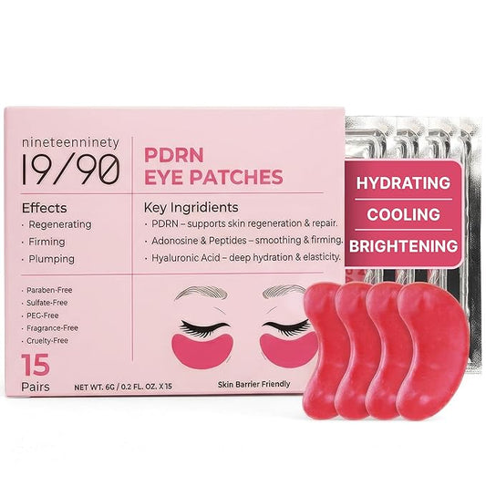 19/90 PDRN Revitalizing Hydrogel Eye Patches for Dark Circles & Puffiness - Pink, Caffeine, Hyaluronic Acid, Hydrating Treatment for Women - Under Eye Mask, Brightening, Cooling - Pink (15 Pairs)