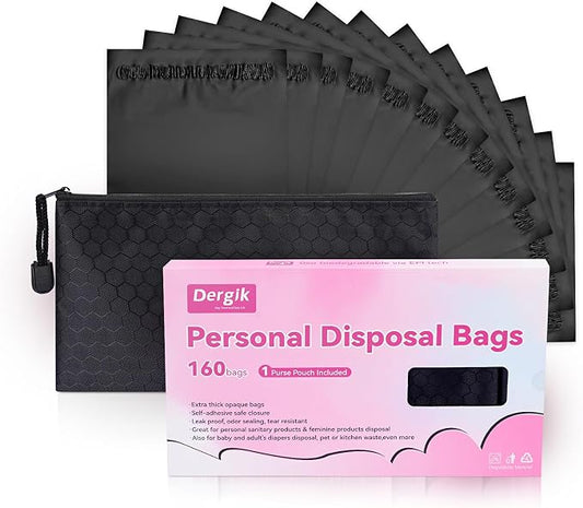 160 pcs Sanitary Napkin Disposal Bags, Personal Care Feminine Hygiene Disposal Bags, Opaque, Odor Control, Discreet Disposal for Tampons, Pads, Liners,Diapers, with Pouch, Black, Packaging May Vary