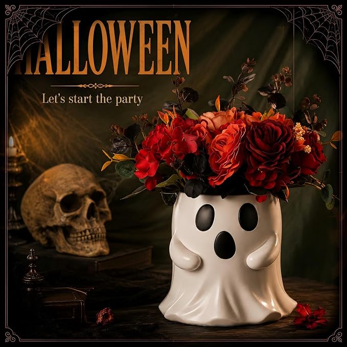 SiliFine Halloween Ghost Bucket with Artificial Flowers Halloween Vase | 6 Inch, Ghost Vase Planter Pot, Halloween Floral Centerpiece, Halloween Candy Holder, Desktop, Indoor Outdoor Holiday Decor
