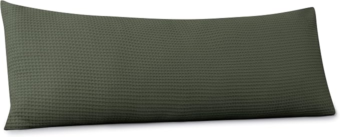 100% Egyptian Cotton 600 TC Waffle Weave Body Pillowcase with Zipper | 1 Pack Ultra Soft Breathable Pillow Cover, Skin-Friendly Bed Pillow Sham, Body Pillow Case Cover, Olive, 20" x 54"