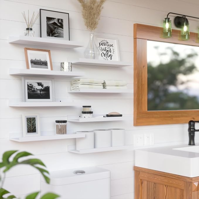 RICHER HOUSE 8 Set Floating Wall Mounted Shelves, Nursery Hanging Book Shelves with Lip for Storage, White Display Picture Ledge Shelf for Bedroom Bathroom Kitchen Living Room Wall Decor, Modern White | Display Picture Ledge Shelf, Anti-drop lip Shelf ...