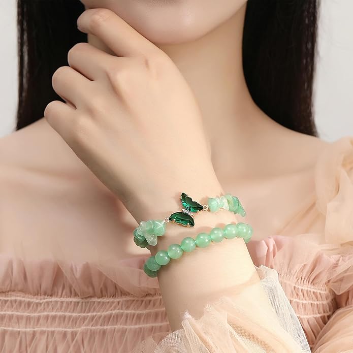 DUQGUHO 2Pcs Butterfly Bracelets for Women Healing Crystals Bracelets for Women Natural Gemstone Bead Bracelet Cute Butterfly Charm Bracelet Stretch 8mm Crystal Jewelry Gifts for Women
