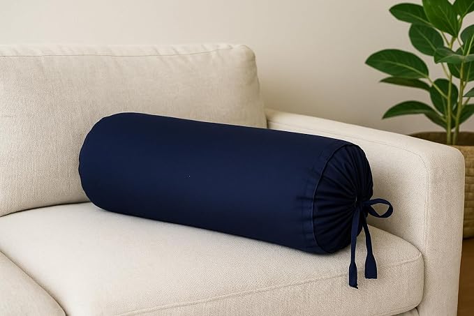 Round Pillow Cover Cervical Neck Roll Cotton Bolster Pillowcase for Cylindrical Cushion and Drawstring Closure Round Neck Pillowcase 6" x 18" (15 x 45 cm) Navy Blue