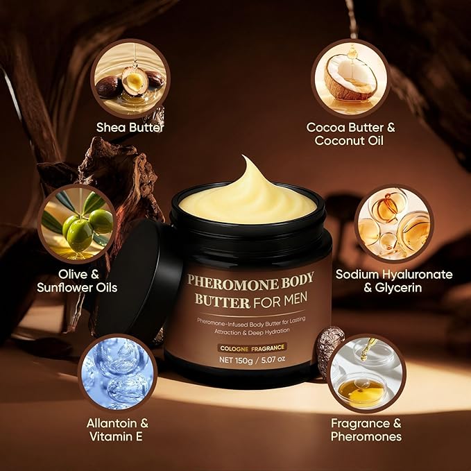 Pheromone Body Butter for Men, Body Skin Cream with Shea Butter, Cocoa Butter & Coconut Oil, Long-Lasting Fragrance, Deep Hydration, Non-Greasy, Alcohol-Free, Vegan (1)