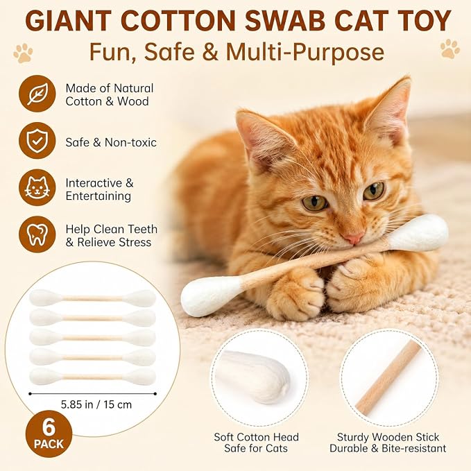6Pcs Giant Cotton Swab Cat Toys with Organic Catnip | Durable Chew & Teething Sticks | Interactive Kitty Toys for Boredom Relief & Daily Exercise