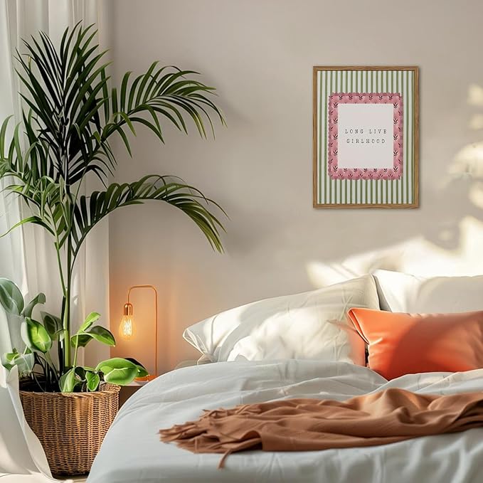 Long Live Girlhood Wall Art Vintage Girl Nursery Wall Decor Picture, Pink and Green Striped Baby Girls Poster Canvas Print Painting Artwork for Living Room Bedroom 16x24 inch Wood Framed