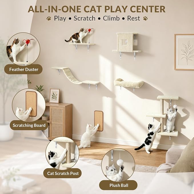 Cat Wall Shelves, 6 in 1 Cat Wall Furniture Set with Condos House, Bed, Bridge, Tree, Steps, Scratching Board, DIY Walls Playground for Indoor (Beige)