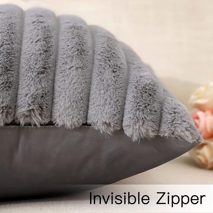 Soleebee Set of 2 Throw Pillow Covers Soft Cozy Velvet Pillowcase Faux Rabbit Fur Cover for Couch Sofa Bed Chair Home Decorative Pillows Cover (18x18 Inch, Smoky Gray)