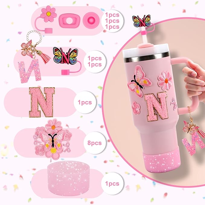 15PCS Cup Accessories Set for Stanley Cup 30oz 40oz Tumbler with Handle, Including Silicone Straw Cover and Boot, Spill Proof Stopper, Stanley Charms, Handle Charm, Initials Sticker