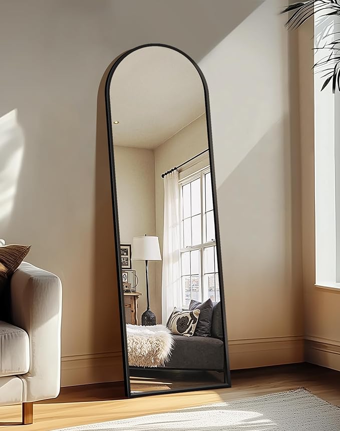 Arched Full Length Mirror with Stand, Black Floor Mirror | Aluminium alloy frame with HD float glass for distortion-free reflection. Free standing or wall mounted.