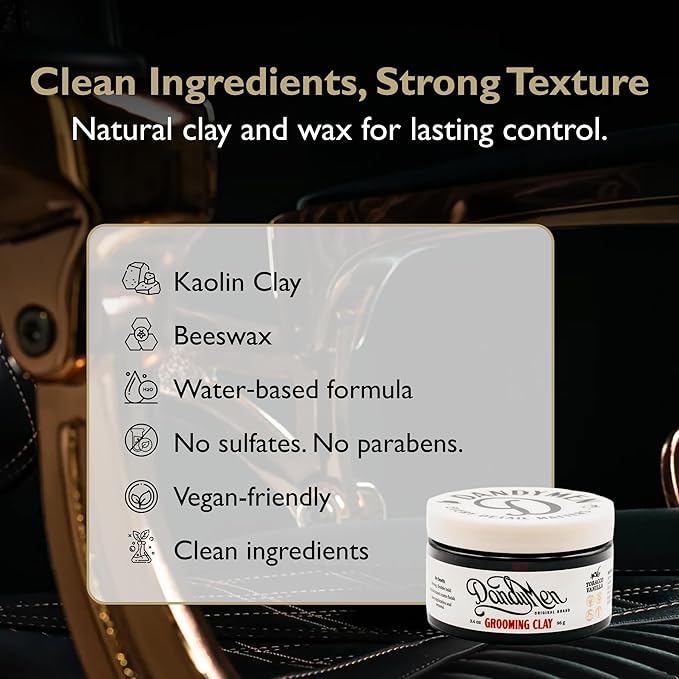 DandyMen Grooming Clay – Strong Hold, Natural Matte Finish, and Flexible Styling with Kaolin Clay & Beeswax – Tobacco Vanilla Scent – 3.4 oz (1-pack)