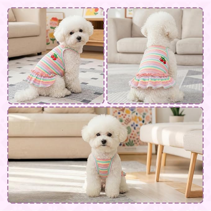 Jmkcoz Cute Striped Dog T Shirts Puppy Dress Pet Sleeveless Vest Clothes | Pink, Small, Soft, Lightweight, Breathable, Washable, Worn in All Seasons, Cherry Dog Shirts for Small Dogs Cats Chihuahuas