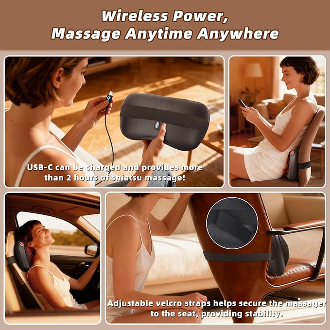 Zenopax Shiatsu Back and Neck Massager with Heat, 3D Deep Tissue Kneading, Cordless Rechargeable Electric Massage Pillow for Muscle Pain Relief, Use at Home, Car, Office, Gifts for Men Women