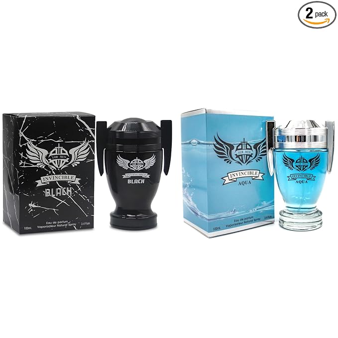 A CENTER Invincible Aqua & Invincible Black Men's Cologne Eau de Parfum Gift Set - 3.4 Fl Oz Each | Citrus Spicy & Woody Ambergris Fragrance | Luxury Perfume for Day & Night