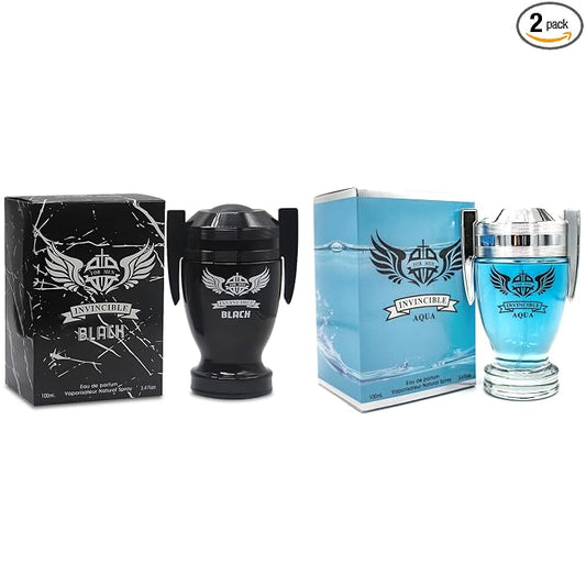 A CENTER Invincible Aqua & Invincible Black Men's Cologne Eau de Parfum Gift Set - 3.4 Fl Oz Each | Citrus Spicy & Woody Ambergris Fragrance | Luxury Perfume for Day & Night