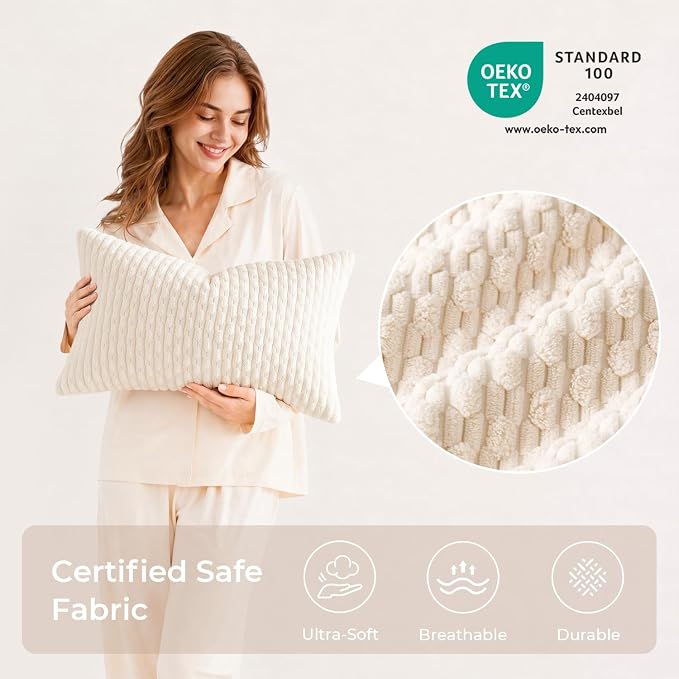Kevin Textile Soft Corduroy 12"x20" Lumbar Pillow Cover 1 Pack, Cream White | Boho Stripe Plush Corduroy Decorative Oblong Cushion Cover Modern Farmhouse Home Decor for Sofa Couch Bed Chair