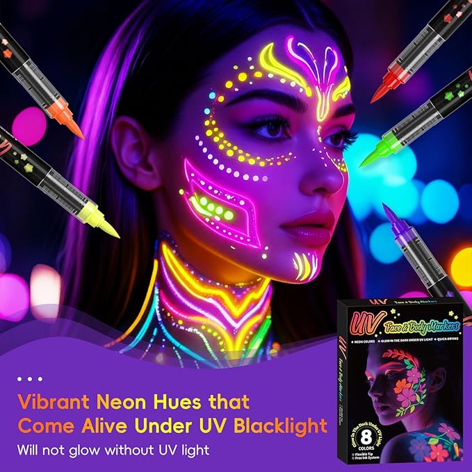 Glow in the Dark Body Paint,Halloween Makeup Kit,Neon Face Painting Markers Pen for Skin Glow Under Black Light, Washable UV Temporary Tattoo Pens for Glow Party Supplies (8 color)