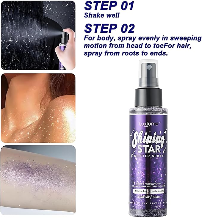 Body Glitter,100ML Body Glitter Spray,Glitter Spray for Hair/Body/Clothes,Long-Lasting and Quick-Drying Purple Glitter Hairspray Suitable for Stage, Festival Rave and Makeup Prom(3.38 Fl Oz)