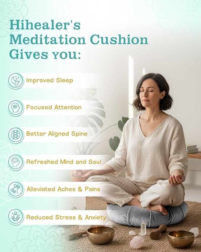 Hihealer Premium Crescent Meditation Cushion, Ergonomic Buckwheat Hull Floor Pillow for Adults, Comfortable Yoga Bolster for Meditation & Floor Sitting (Grey)