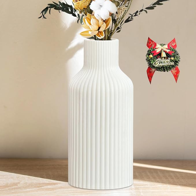 Pure White Ceramic Flower Vase for Christmas, Minimalist Modern Home Decor, Matte Finish Pampas Grass Vase for Table, Fireplace, Shelf, Mantel, Entryway and Centerpieces
