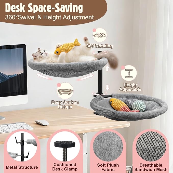 Double Cat Desk Bed, 360° Rotating & Adjustable Heigh Kitten Nest for Desktop, Double Kittens Clamp Hammock Bed with Dual-Sided Reversible Mat for Home Office-Maximum Hold Up to 40lb