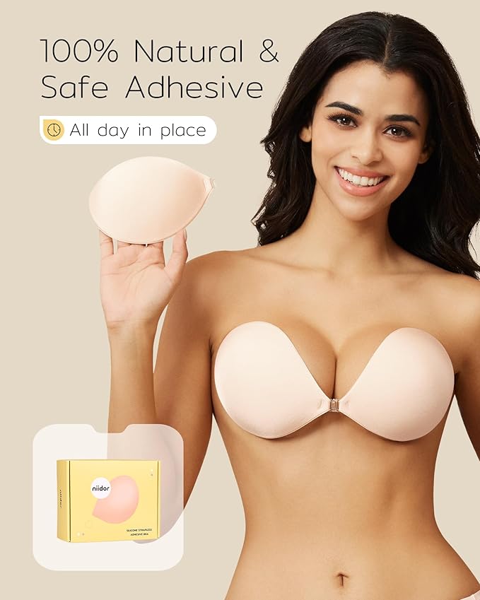 Niidor Adhesive Bra Strapless Sticky Invisible Push up Silicone Bra for Backless Dress with Reusable Nipple Covers