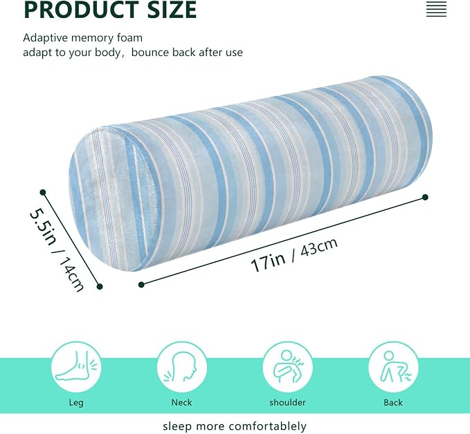 Bolster Pillow Spa Neck Roll Pillows for Bed Long Round Pillows for Bed Cylinder Neck Pillow Back Support Light Blue Stripe