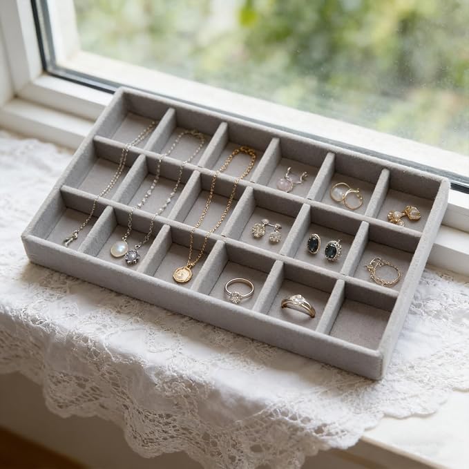 Velvet Jewelry Organizer Trays Gray, 18 Grids | Stackable Jewelry Storage Display Tray with Removable Dividers for Drawer Dresser Cloest