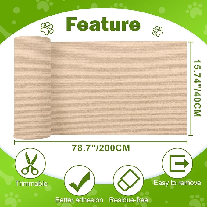 ENONCI 78.7x15.8 Cat Scratch Pad, Furniture Protector for Couch Corners | Trimmable, No-Shedding Cat Scratch Pad with Self-Adhesive Backing for Climbing, Protects Walls, Carpet and Couch