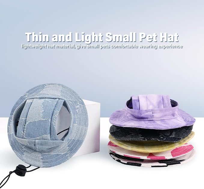 DENTRUN Cat Bucket Hat with Ear Hole, Cotton Birthday Bonnet for Small Pets | Breathable cotton, Adjustable Secures fit, For birthday Party, For small cats, daily cute photos