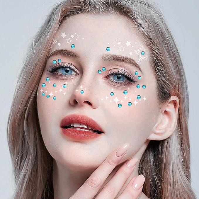 Aqua Blue Face Gems Eye Jewels Rhinestones Crystals Stickers 3/4/5/6mm with Rhinestones Stickers for Body, Stick on Jewels Makeup Glue for Face Eye Hair Nails Make up and Craft Decor 3090PCS