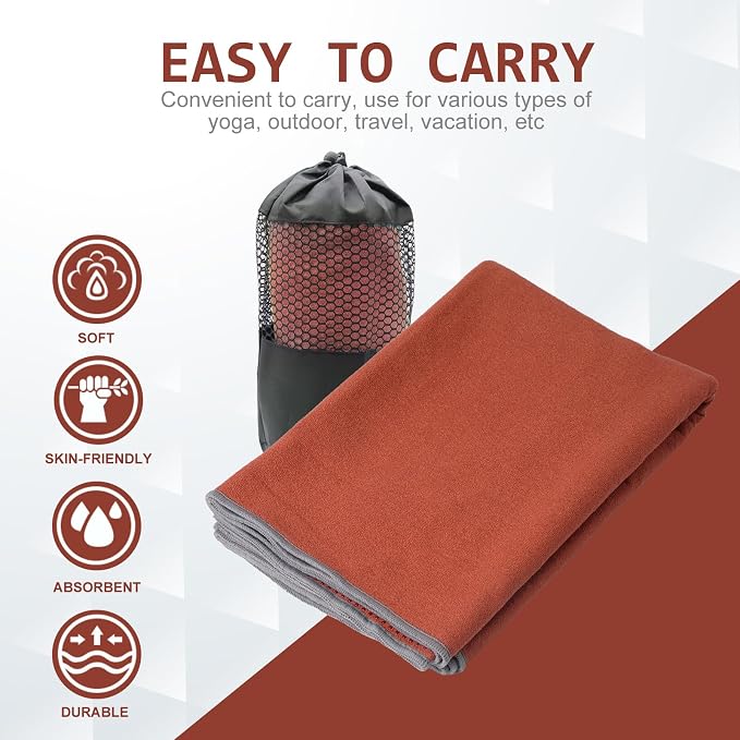 Eunzel Yoga Towel,Hot Yoga Mat Towel with Grip Dots Sweat Absorbent Non-Slip for Hot Yoga, Pilates and Workout 24" x72", Sedona Red