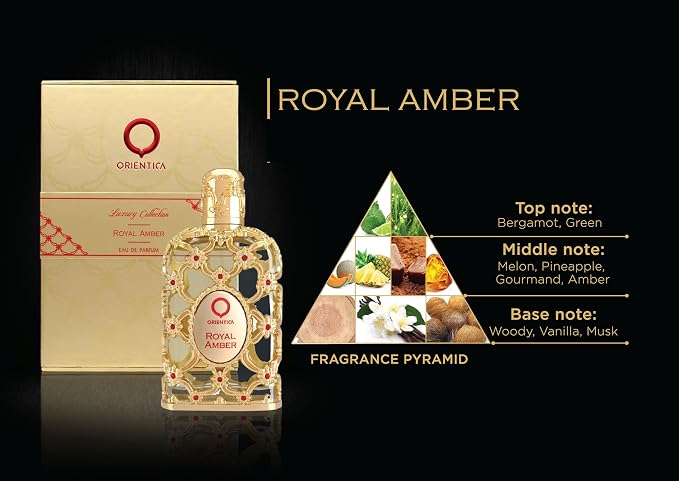 Orientica Luxury Collection Royal Amber Parfum Concentre 0.6oz / 18ml – Fruity, Gourmand, Amber, Woody, Vanilla, Bergamot, Melon, Pineapple, Musk – Arabic Perfume Oil for Men & Women