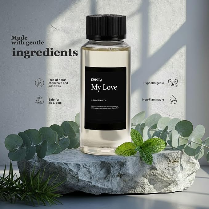 Diffuser Oil – Scent with Menthol, Tea Tree, Musk & Amber – Long-Lasting Blend for Home, Car & Office – Compatible with Ultrasonic & Nebulizing Diffusers, 100 ml (4.06 Fl Oz (Pack of 1), My Love)